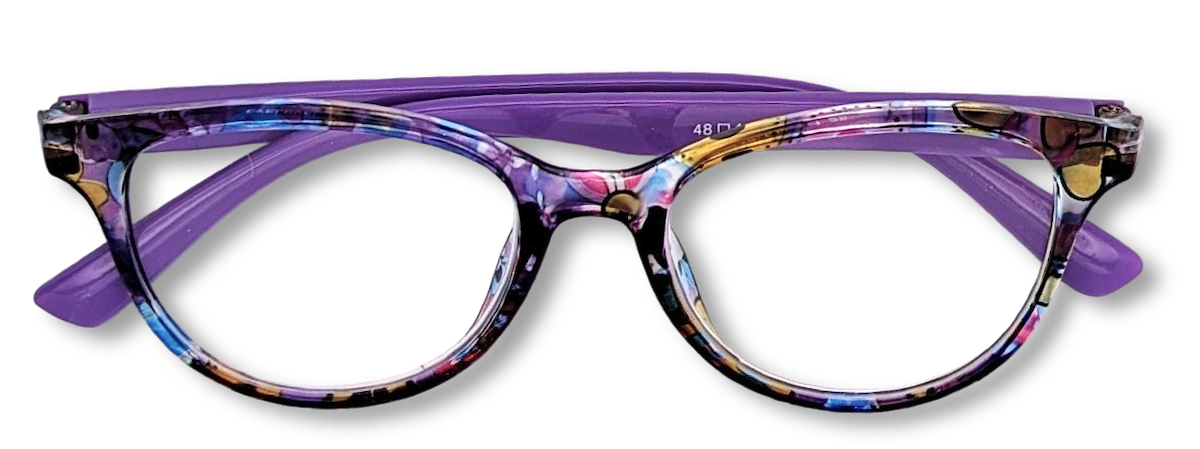 Eyelevel-UK Grenada reading glasses with a colourful lilac and yellow patterned square frame and clear lenses.