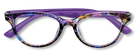 Eyelevel-UK Grenada reading glasses with a colourful lilac and yellow patterned square frame and clear lenses.