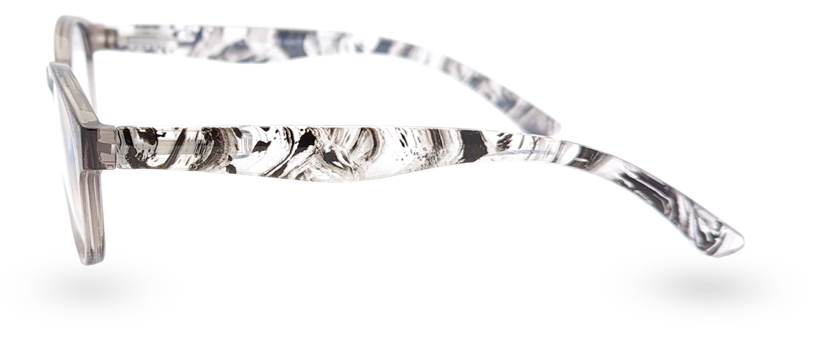 Eyelevel-UK Haiti reading glasses with a grey and white marbled pattern on the side arms and a squared frame shape.