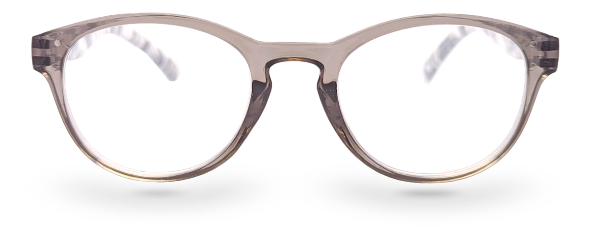 Eyelevel-UK Haiti reading glasses with a softly squared grey and white plastic frame and clear magnifying lenses.