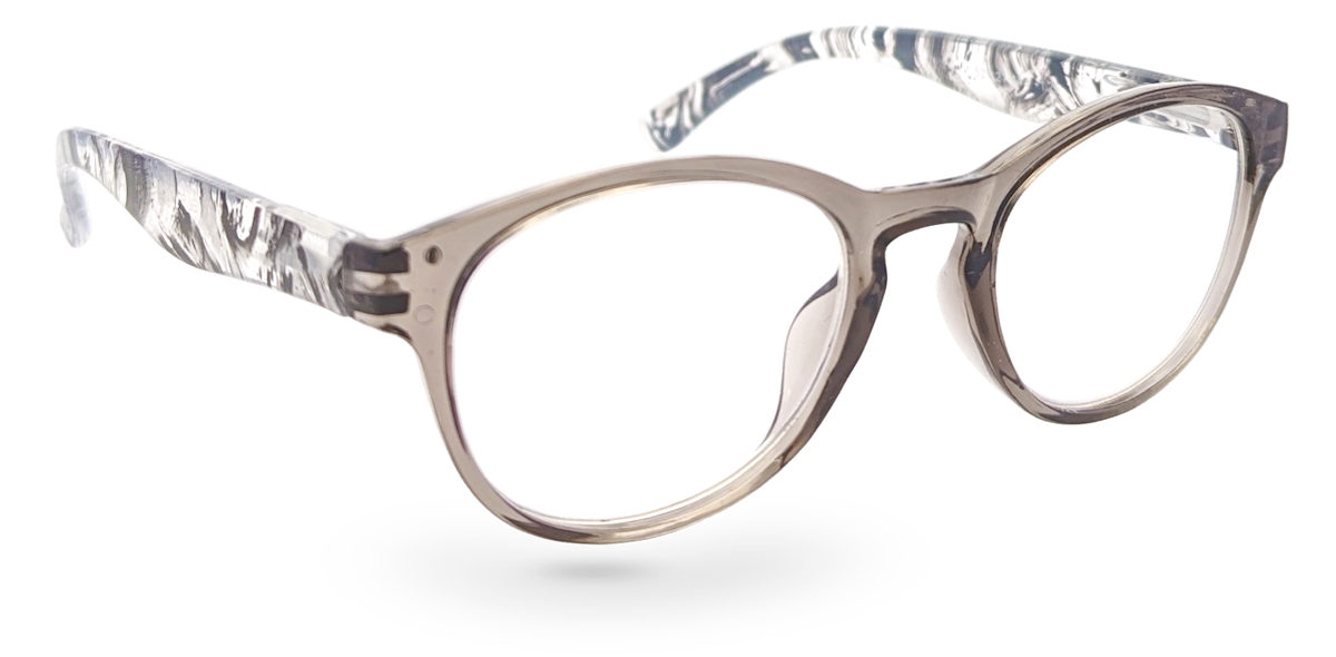 Eyelevel-UK Haiti reading glasses with a grey and white marbled oval frame and clear magnifying lenses.