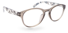 Eyelevel-UK Haiti reading glasses with a grey and white marbled oval frame and clear magnifying lenses.