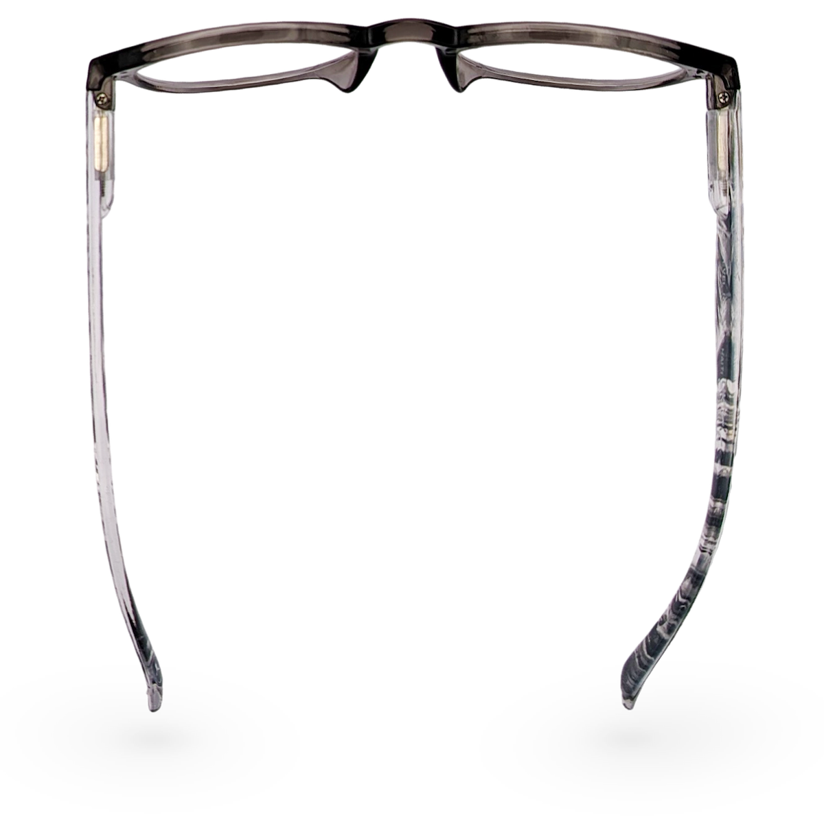 Eyelevel-UK Haiti reading glasses with a grey and white squared plastic frame viewed from above
