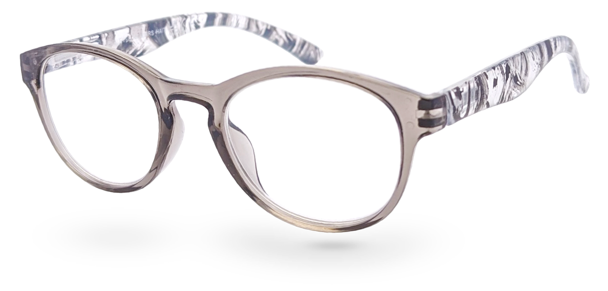 Eyelevel-UK Haiti reading glasses with a grey and white patterned frame and clear magnifying lenses.