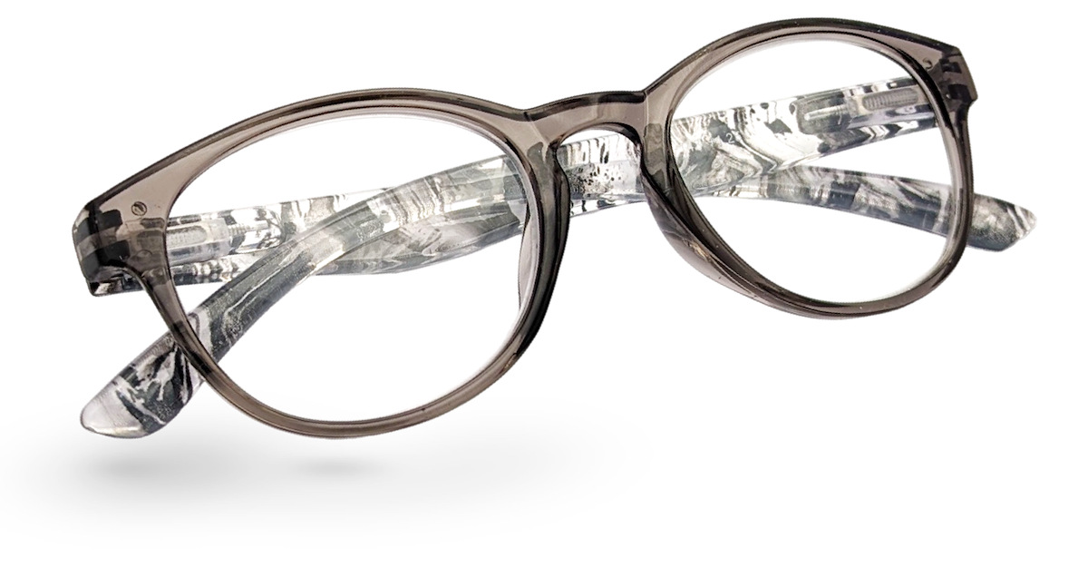 Eyelevel-UK Haiti reading glasses with a grey and white patterned plastic frame and clear magnifying lenses.