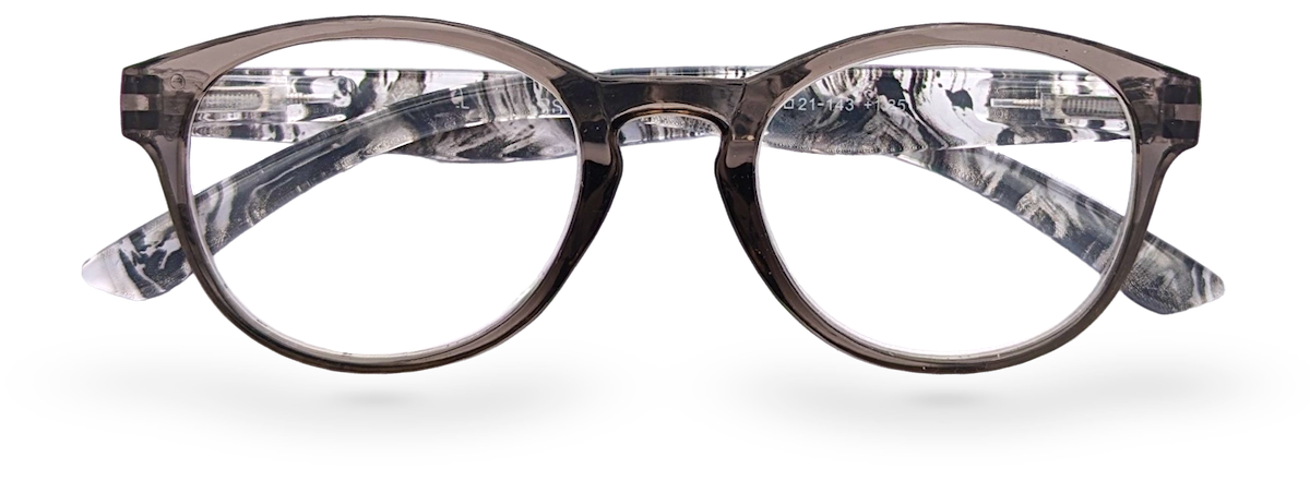 Eyelevel-UK Haiti reading glasses with a grey and white marbled square plastic frame and clear magnifying lenses