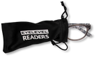 Eyelevel-UK Haiti reading glasses with grey and white patterned frames inside a black branded drawstring pouch