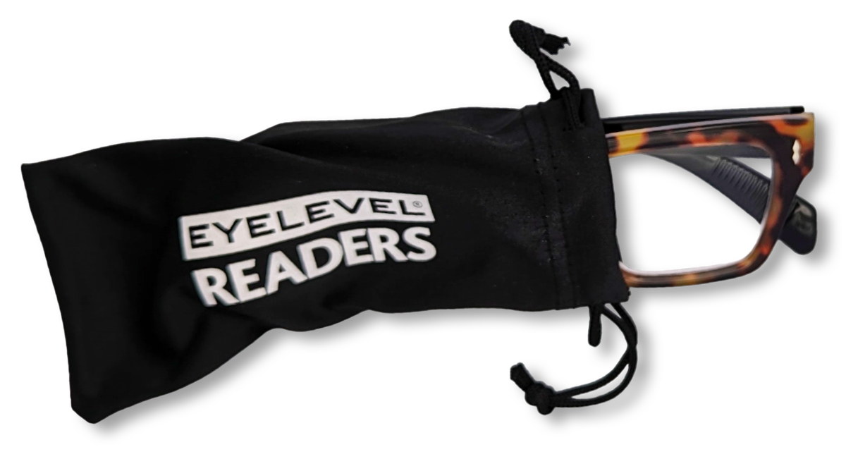Eyelevel-UK Havana reading glasses with tortoiseshell square frames peeking out of a black branded drawstring pouch.