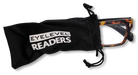 Eyelevel-UK Havana reading glasses with tortoiseshell square frames peeking out of a black branded drawstring pouch.