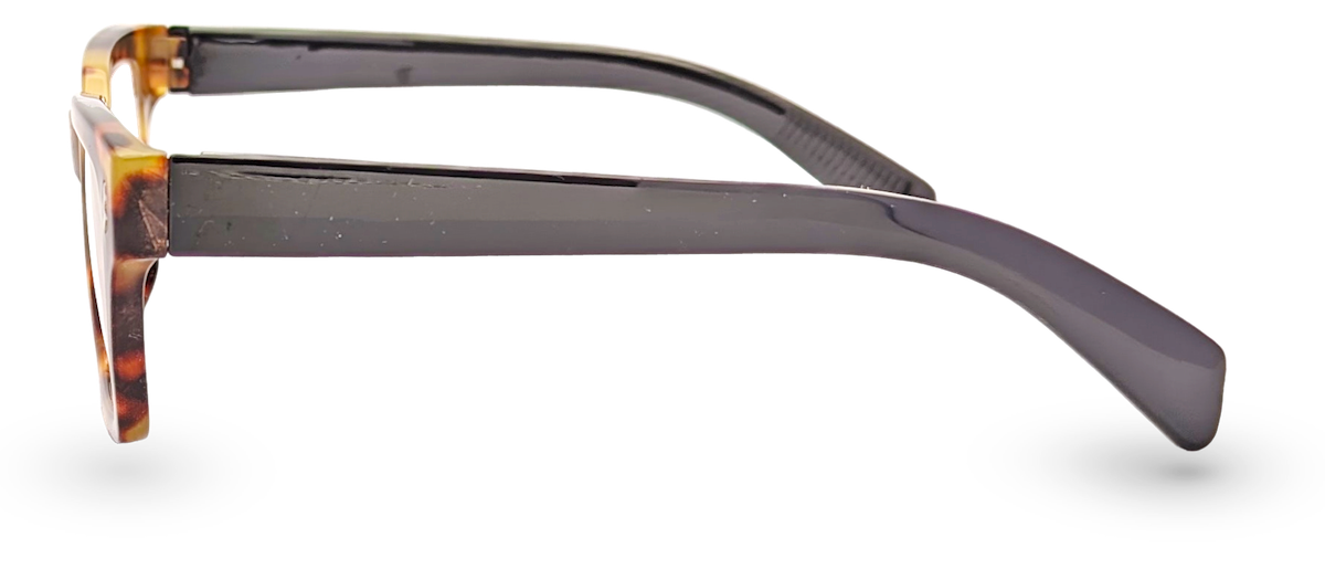 Eyelevel-UK Havana reading glasses with a brown tortoiseshell square frame and black temples, side view.