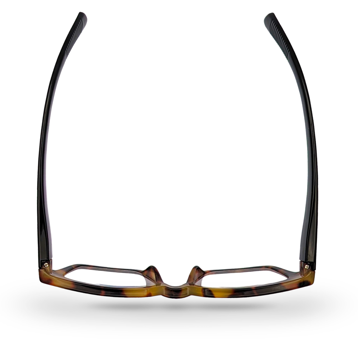 Eyelevel-UK Havana reading glasses with a brown tortoiseshell square frame, viewed from above.