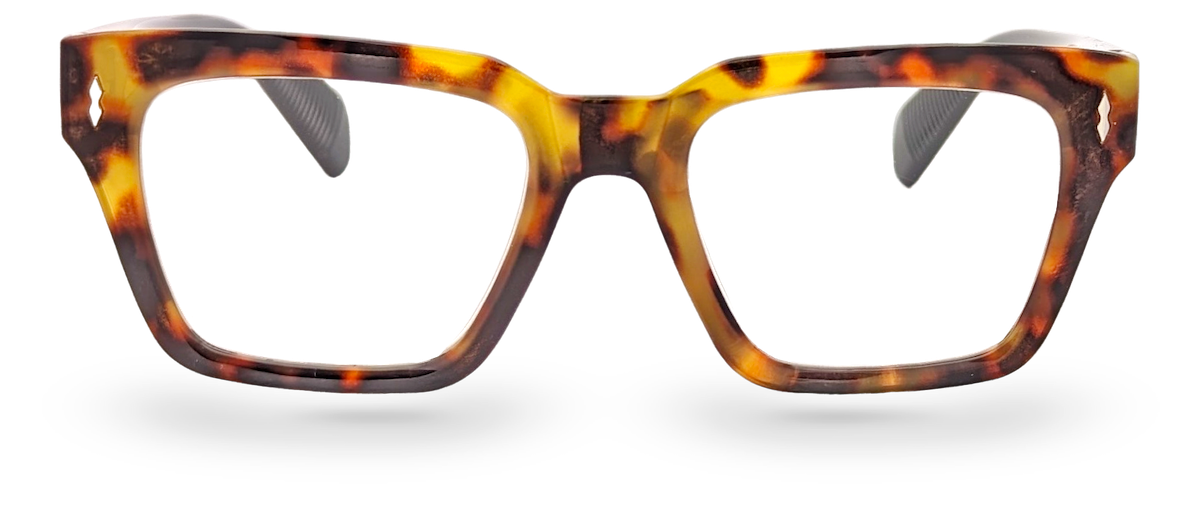 Eyelevel-UK Havana reading glasses with a brown tortoiseshell square plastic frame and clear magnifying lenses.
