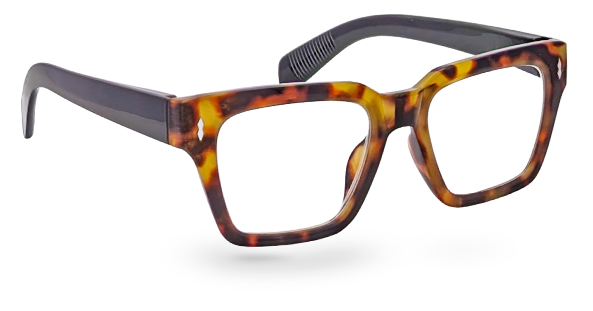 Eyelevel-UK Havana reading glasses with a brown tortoiseshell square frame and clear magnifying lenses.