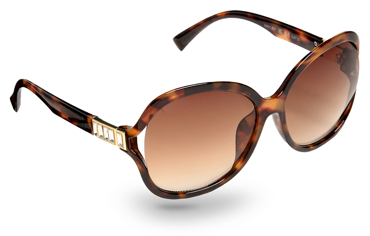 Eyelevel-UK Hayley oversized sunglasses in brown tortoiseshell with gold accents, stone detail, and brown gradient lenses