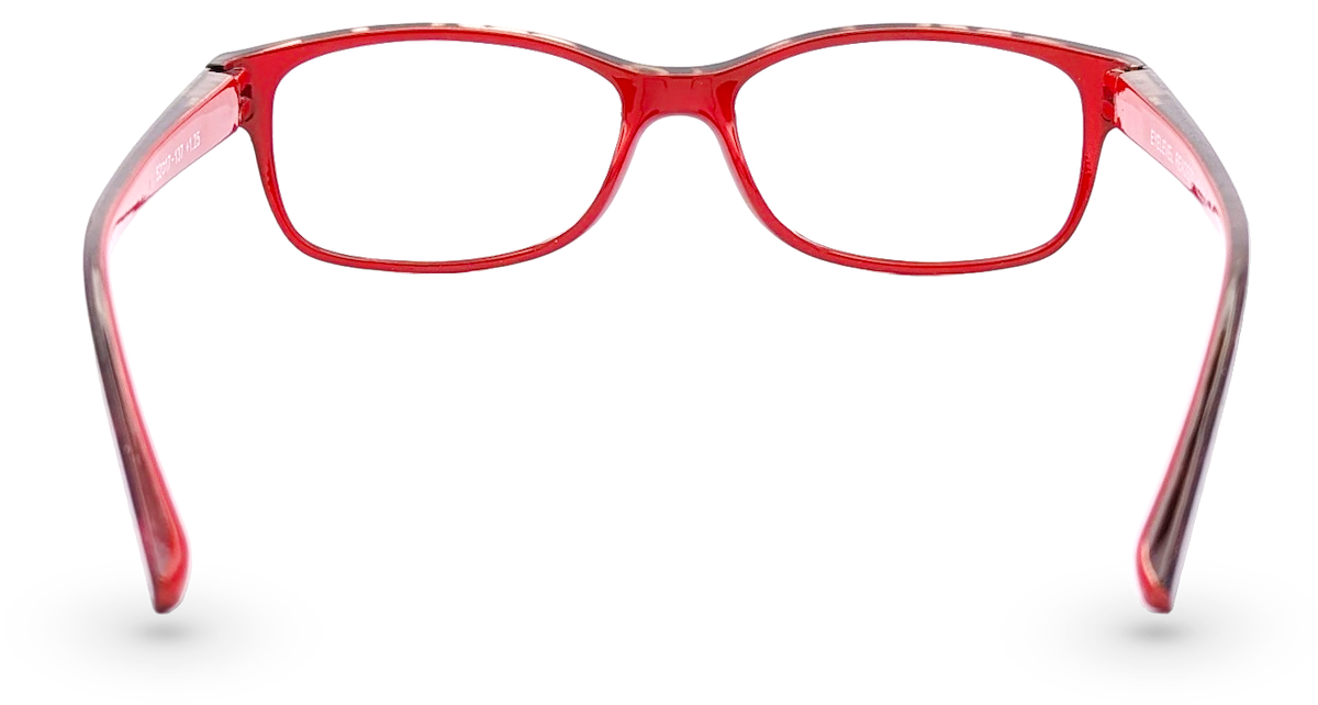 Eyelevel-UK Helsinki rectangular reading glasses with a red tortoiseshell plastic frame, back view.