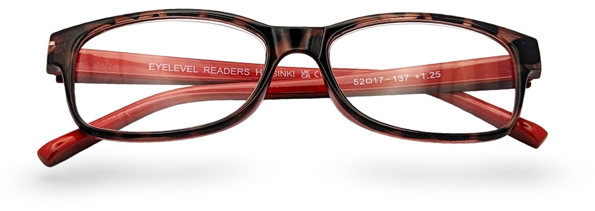 Eyelevel-UK Helsinki reading glasses with a brown tortoiseshell rectangular plastic frame and clear magnifying lenses.