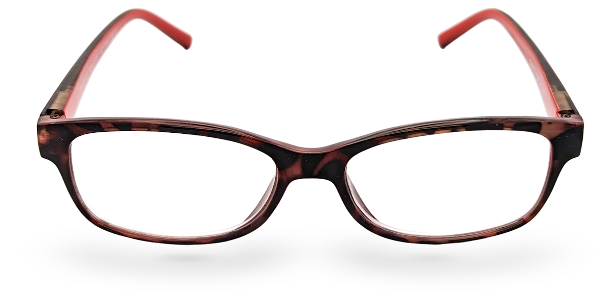 Eyelevel-UK Helsinki rectangular reading glasses with a brown tortoiseshell frame and red inner temples