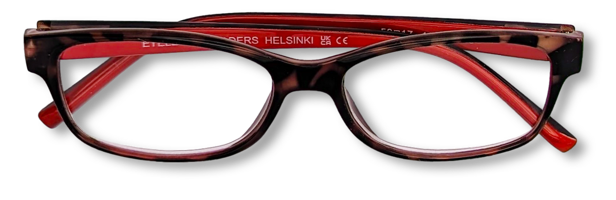 Eyelevel-UK Helsinki reading glasses with a brown tortoiseshell rectangular frame and contrasting red inner temples.