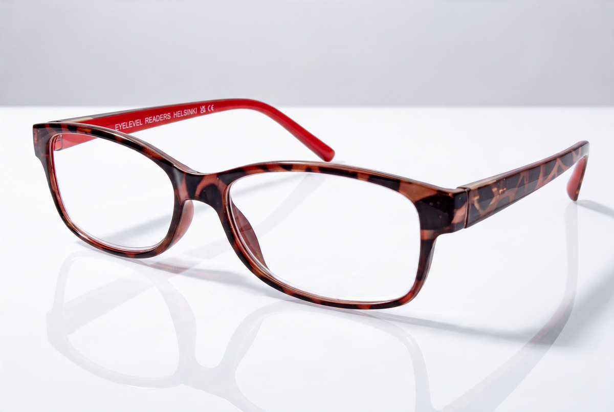 Eyelevel-UK Helsinki rectangular reading glasses with brown tortoiseshell frames and contrasting red temple arms.