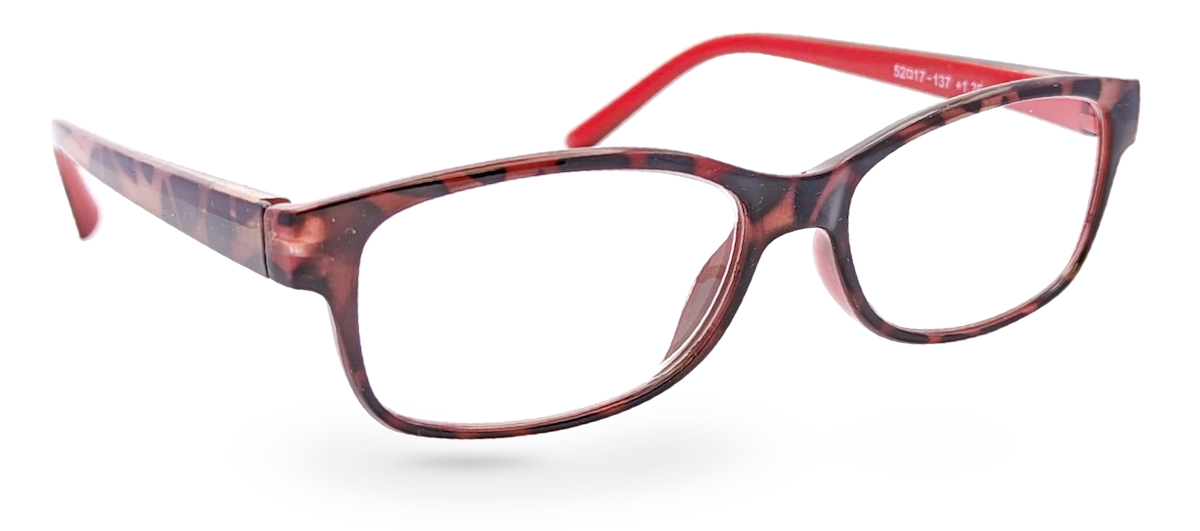 Eyelevel-UK Helsinki reading glasses with a brown tortoiseshell rectangular frame and red temple arms