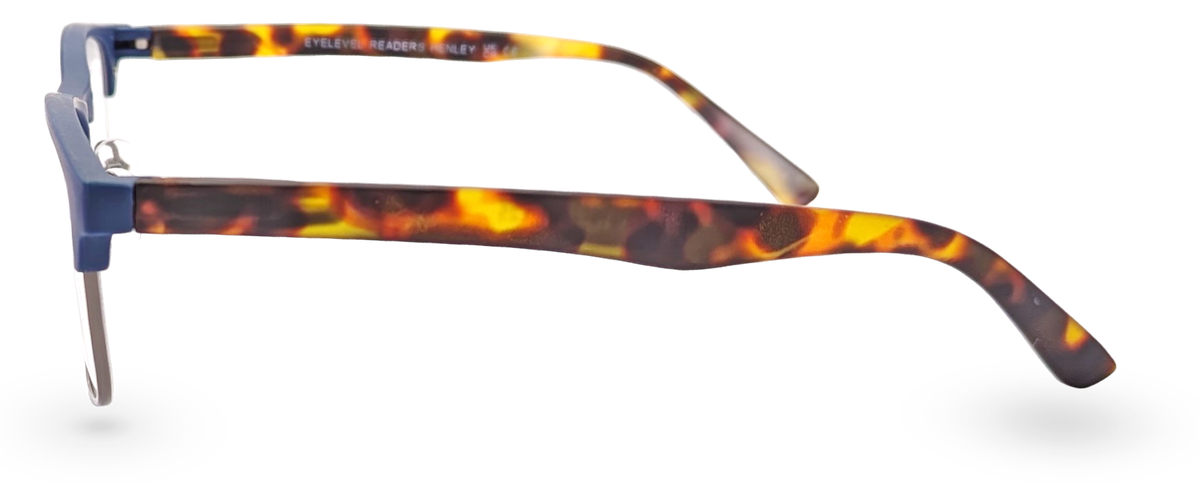 Eyelevel-UK Henley reading glasses with a blue front and tortoiseshell patterned temples in a rectangular frame style.