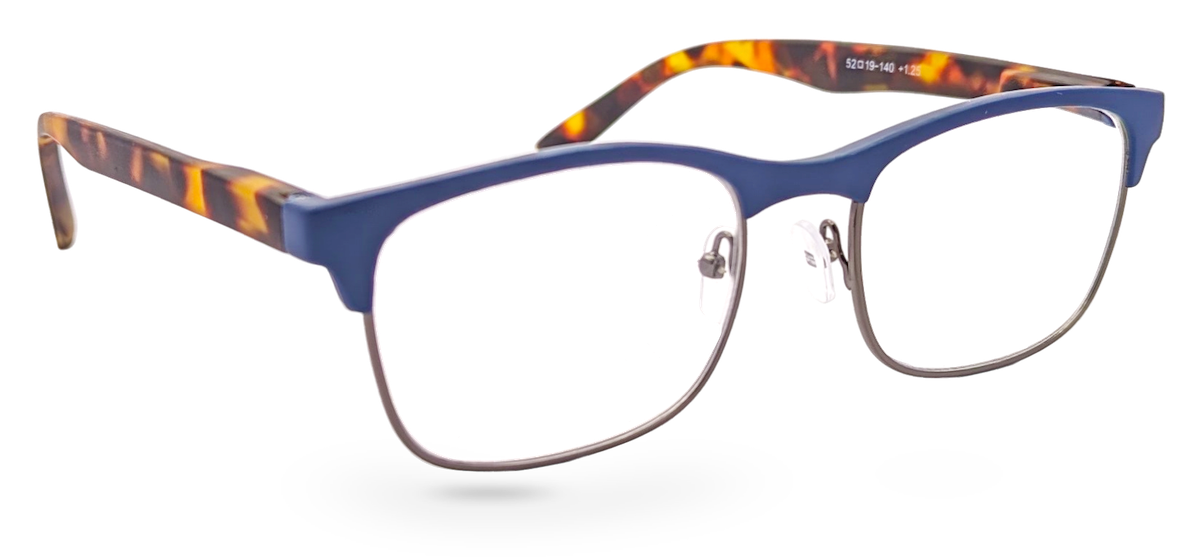 Eyelevel-UK Henley reading glasses with blue and tortoiseshell rectangular frames and clear magnifying lenses.