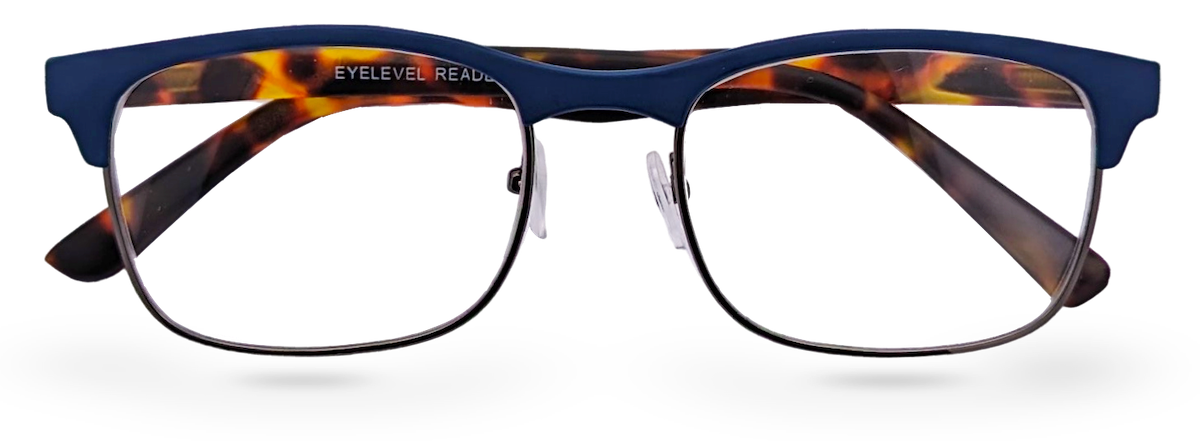 Eyelevel-UK Henley rectangular reading glasses with a blue and tortoiseshell frame and clear magnifying lenses.