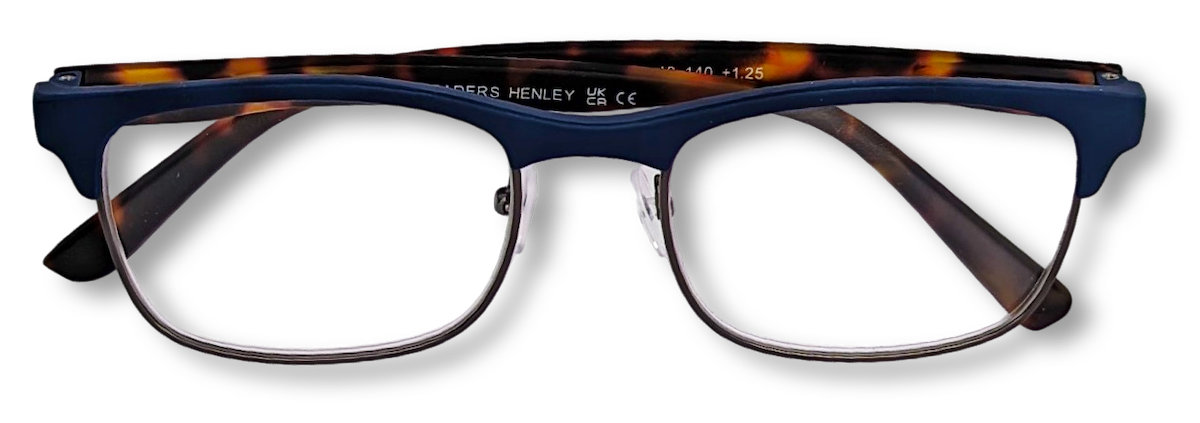 Eyelevel-UK Henley rectangular reading glasses with a blue and tortoiseshell frame and clear magnifying lenses.