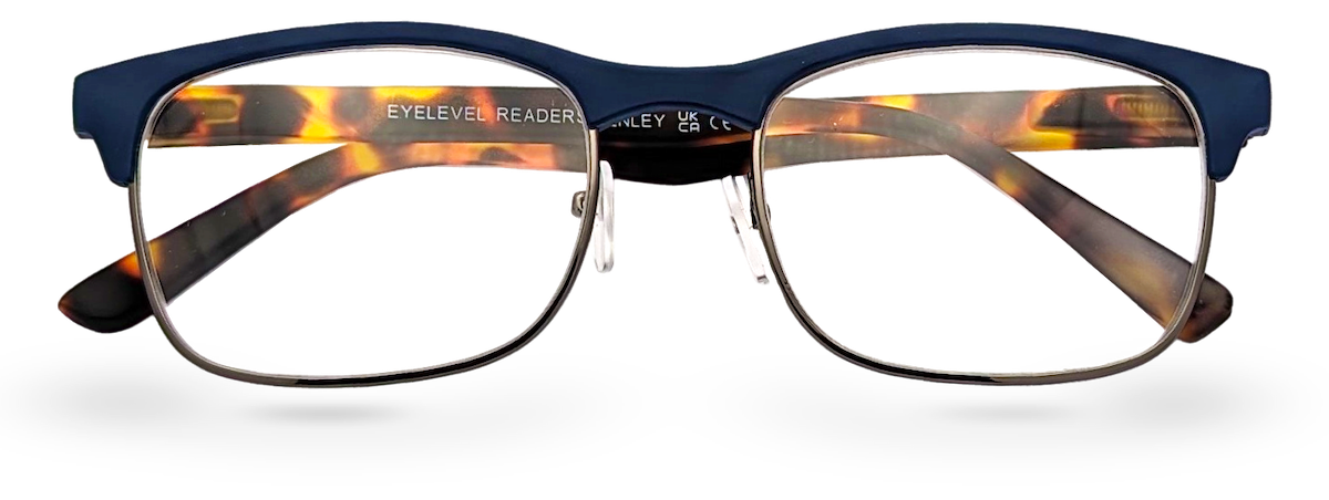 Eyelevel-UK Henley rectangular reading glasses with a blue and tortoiseshell frame and clear magnifying lenses