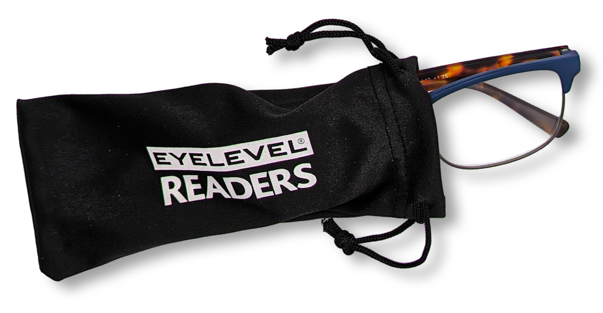Eyelevel-UK Henley reading glasses with blue and tortoiseshell rectangular frames inside a black branded pouch