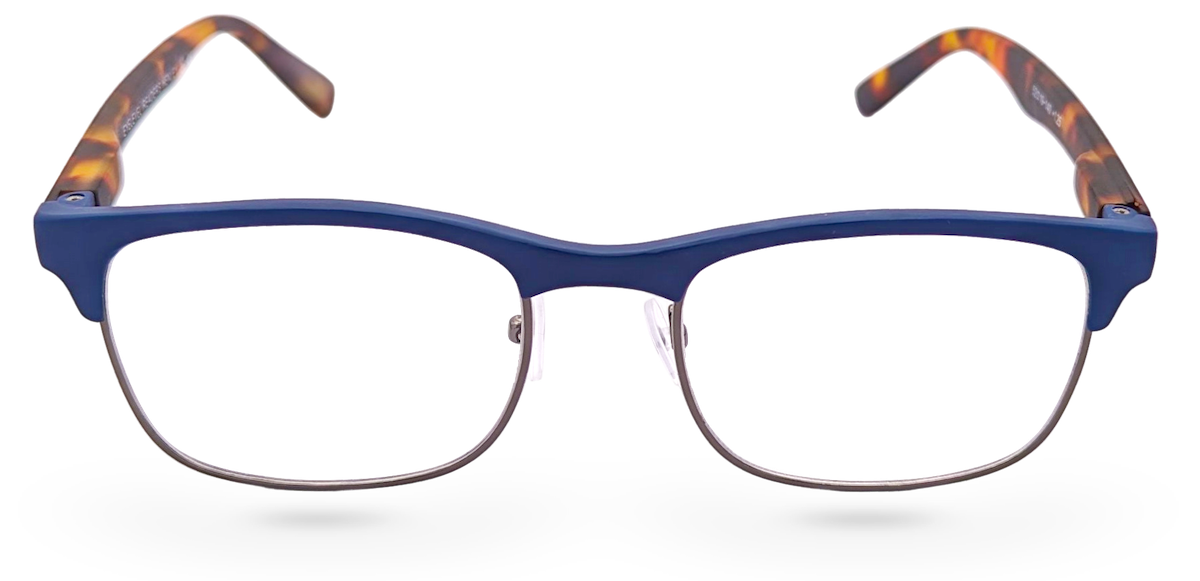 Eyelevel-UK Henley reading glasses featuring a blue and tortoiseshell rectangular frame with clear magnifying lenses.