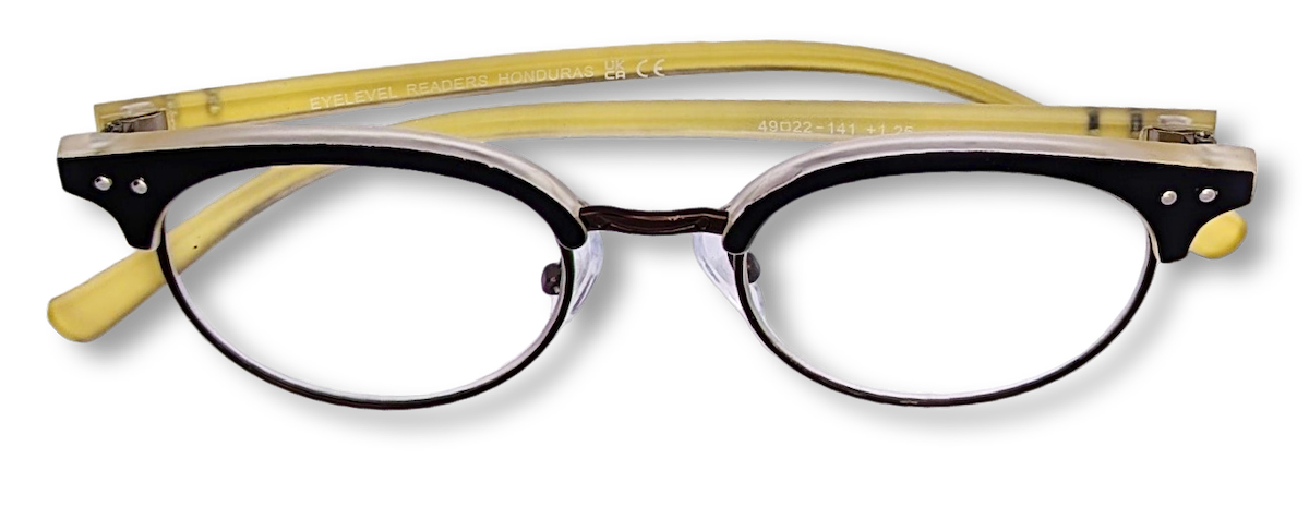 Eyelevel-UK Honduras reading glasses with a black oval frame and translucent yellow temples on a white background