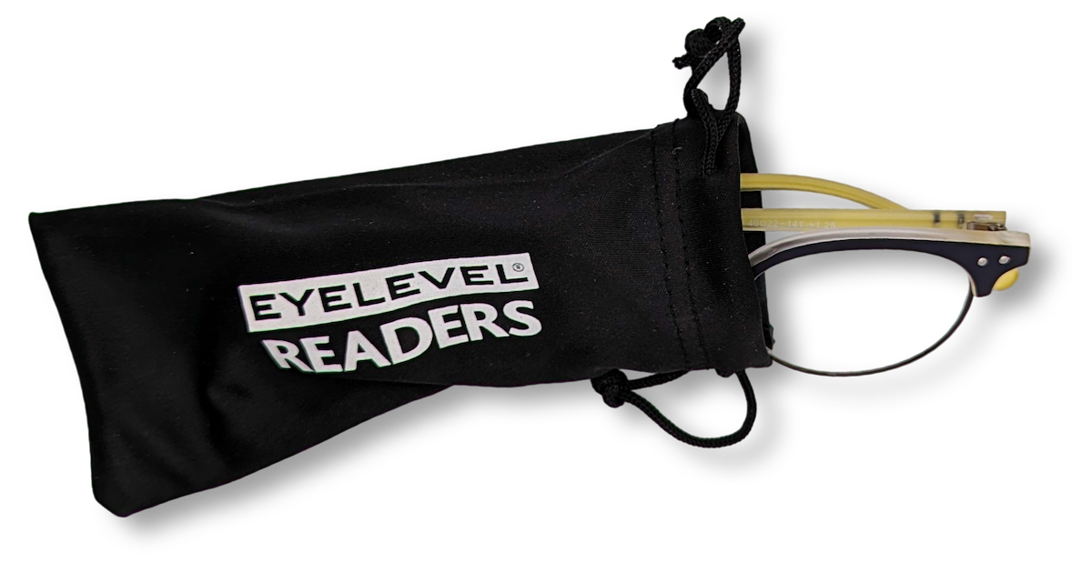 Eyelevel-UK Honduras reading glasses partially inside a black branded felt storage pouch