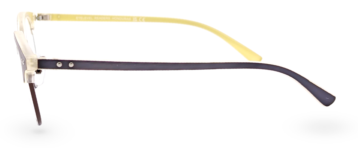 Eyelevel-UK Honduras reading glasses with a black and translucent frame and yellow temple arms, side view.