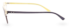 Eyelevel-UK Honduras reading glasses with a black and translucent frame and yellow temple arms, side view.