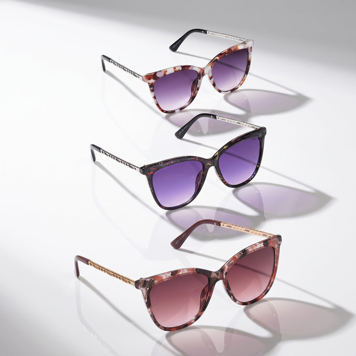 Eyelevel-UK Hope square ladies fashion sunglasses in three colourways with gradient lenses on a white background.