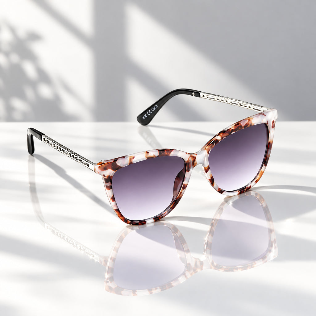 Eyelevel-UK Hope square sunglasses in tortoiseshell and silver with grey gradient lenses on a reflective surface