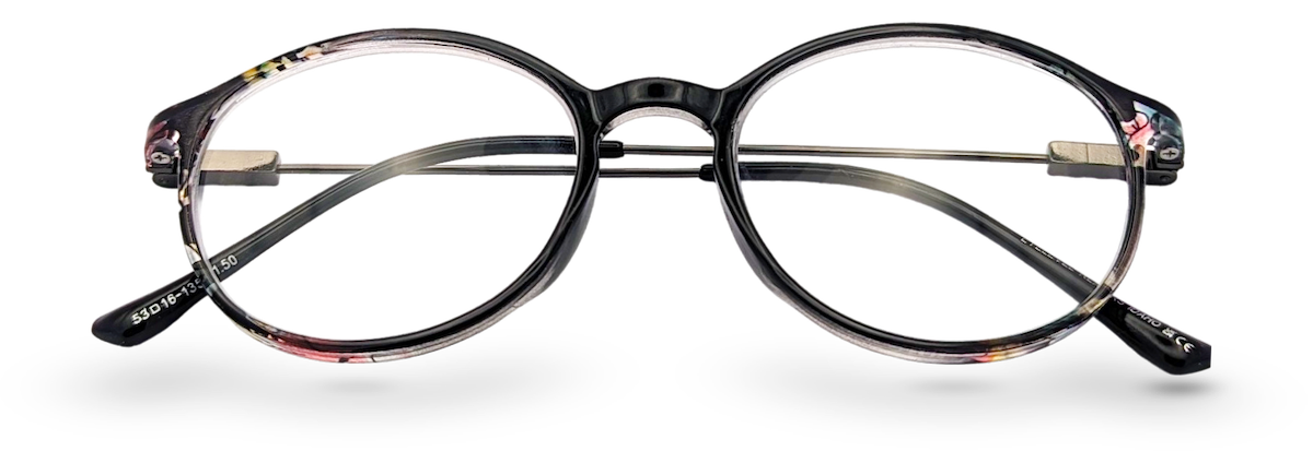 Eyelevel-UK Idaho reading glasses with a black oval frame featuring a subtle floral pattern on the temples.