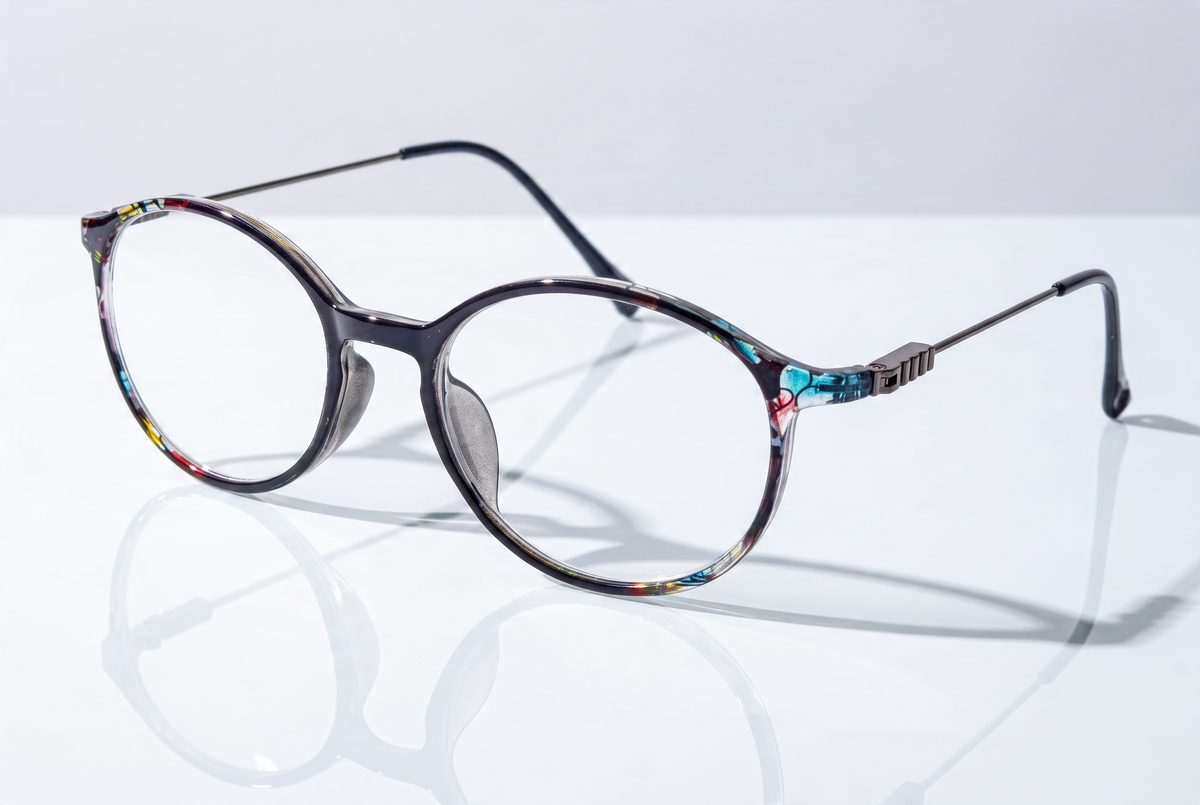 Eyelevel-UK Idaho reading glasses with a round, patterned frame and slim metal temples on a white reflective surface.