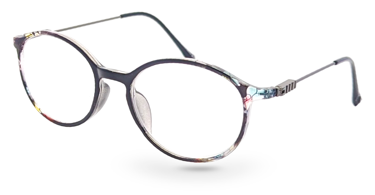 Eyelevel-UK Idaho reading glasses with a round patterned frame and slim metal temples on a white background