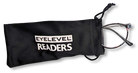 Eyelevel-UK Idaho reading glasses partially inside a black branded protective pouch with drawstring closure