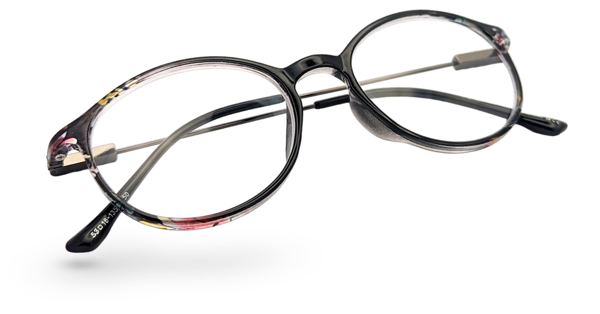 Eyelevel-UK Idaho reading glasses with a round patterned frame and clear magnifying lenses on a white background