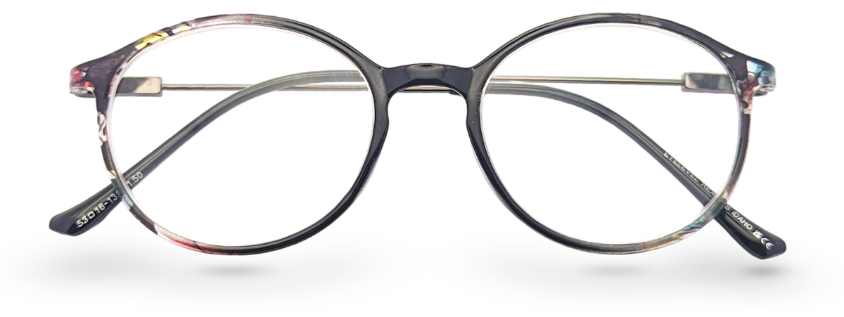Eyelevel-UK Idaho reading glasses with a round, patterned frame and clear magnifying lenses.
