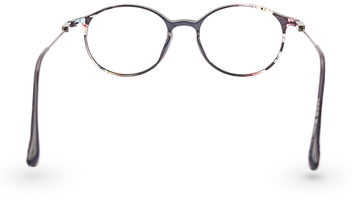 Eyelevel-UK Idaho reading glasses with a silver oval metal frame and clear magnifying lenses, rear view.