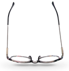 Eyelevel-UK Idaho reading glasses with silver oval metal frames and clear magnifying lenses, top-down view.