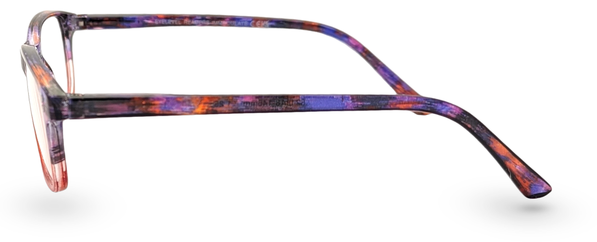 Eyelevel-UK Immaculate reading glasses with a colourful orange and purple patterned rectangular plastic frame