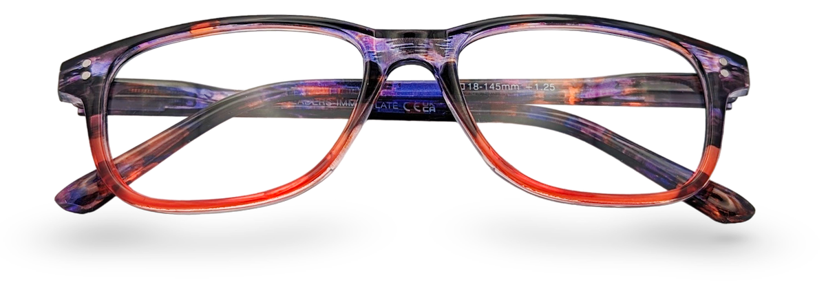 Eyelevel-UK Immaculate reading glasses with a softly squared orange and purple plastic frame and clear lenses.