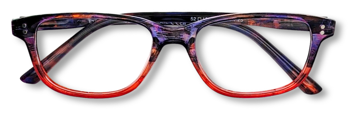 Eyelevel-UK Immaculate reading glasses with a softly squared orange and purple patterned plastic frame.