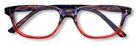 Eyelevel-UK Immaculate reading glasses with a softly squared orange and purple patterned plastic frame.