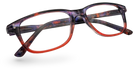 Eyelevel-UK Immaculate reading glasses with a softly squared orange and purple patterned plastic frame.